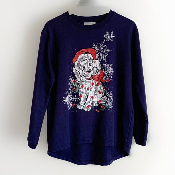 Vtg M&C Sportswear Women Sweatshirt Sz Medium Dog Christmas Lights Blue Holiday - Picture 1 of 8